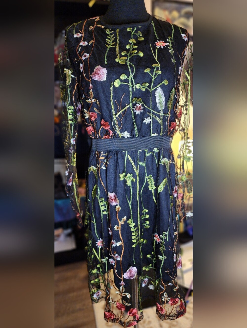 Sheer Black Floral Embroidered Midi Dress